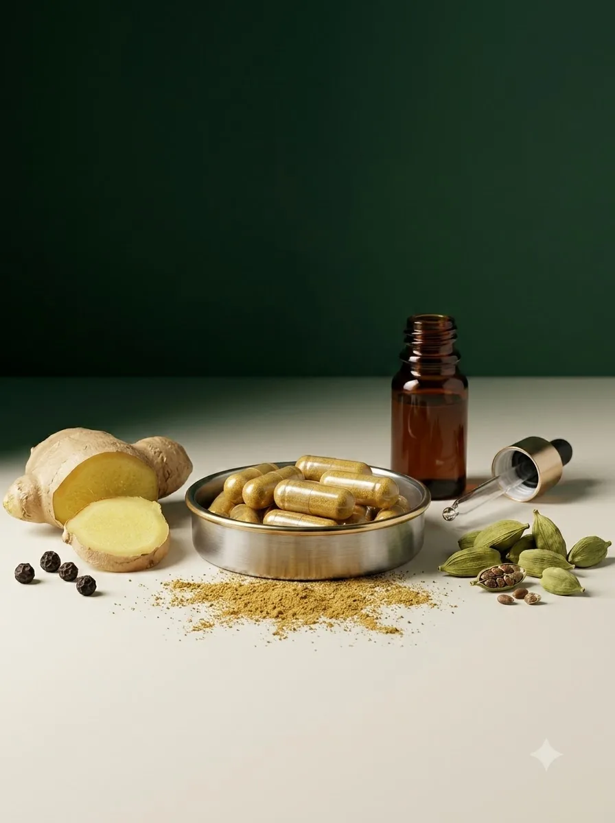 Botanical capsules with ginger black pepper cardamom powder and amber oleoresin