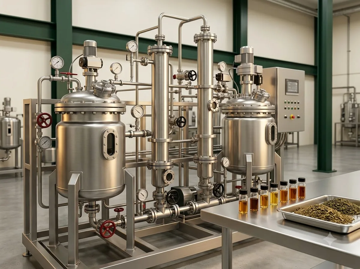 Stainless-steel botanical extraction equipment with amber oleoresin samples