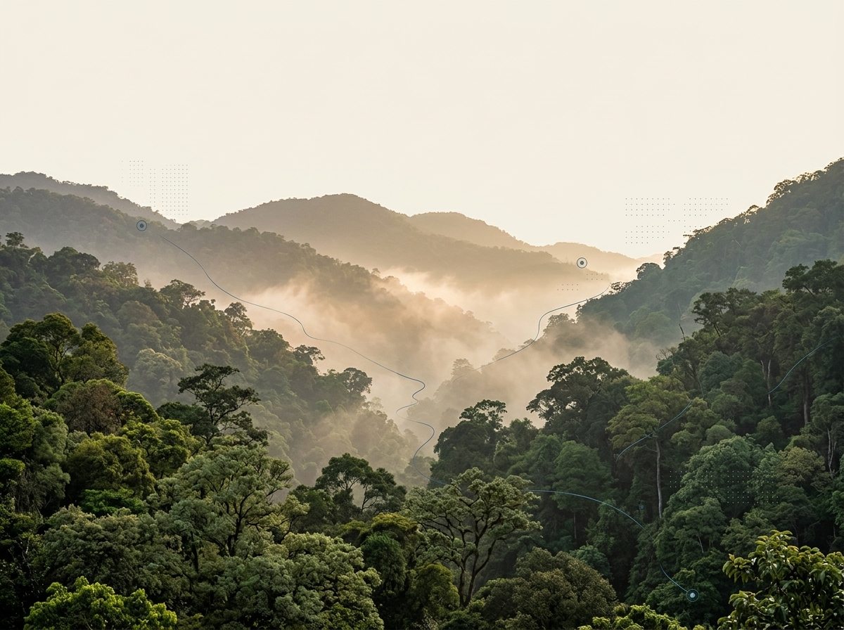Misty Western Ghats forest landscape with subtle provenance tracking signals